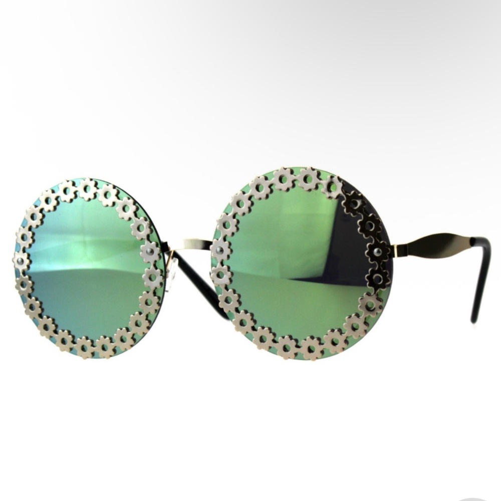 Round Floral Rim Green Mirrored Sunglasses